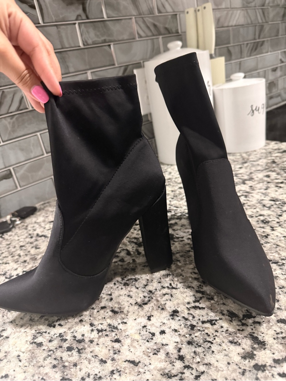 Women's Black Stretch Sock Ankle Boots with Block Heel - Picture 2 of 3